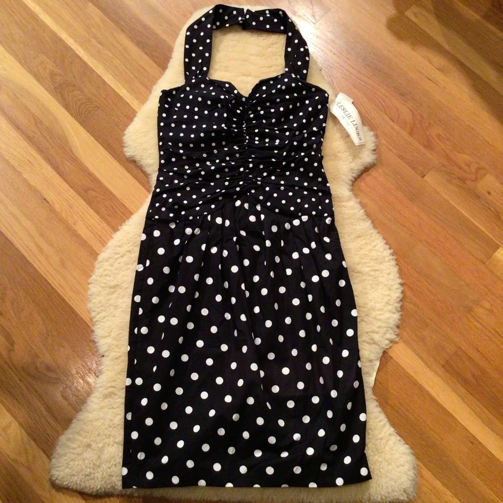 Vintage Leslie Lucks polka dot pin-up girl halter dress